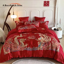 GobekUsa Gold Loong Phoenix Embroidery Queen Bedding Set, Luxurious Brushed 4Pcs Set
