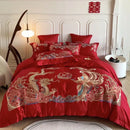 GobekUsa Gold Loong Phoenix Embroidery Queen Bedding Set, Luxurious Brushed 4Pcs Set
