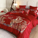 GobekUsa Gold Loong Phoenix Embroidery Queen Bedding Set, Luxurious Brushed 4Pcs Set