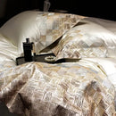 GobekUsa 4-Piece Luxury Embroidery Bedding Set in Pearl White/Grey Satin Brocade Cotton