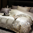 GobekUsa 4-Piece Luxury Embroidery Bedding Set in Pearl White/Grey Satin Brocade Cotton