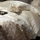 GobekUsa 4-Piece Luxury Embroidery Bedding Set in Pearl White/Grey Satin Brocade Cotton