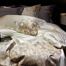 GobekUsa 4-Piece Luxury Embroidery Bedding Set in Pearl White/Grey Satin Brocade Cotton