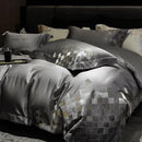 GobekUsa 4-Piece Luxury Embroidery Bedding Set in Pearl White/Grey Satin Brocade Cotton