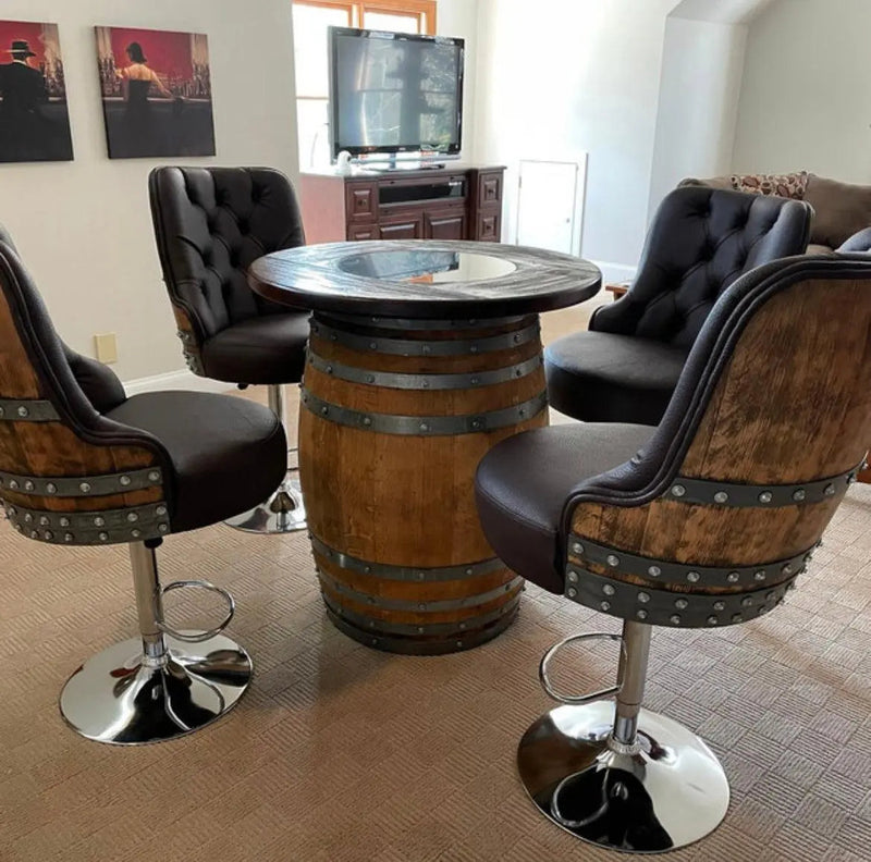 Luxury Wine Barrel Bar Set With Pub Table & Hydraulic Barrel Bar Stools - Multi-Use Wine and Whiskey Home Bar Furniture