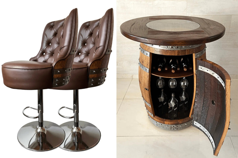 Luxury Wine Barrel Bar Set With Pub Table & Hydraulic Barrel Bar Stools - Multi-Use Wine and Whiskey Home Bar Furniture