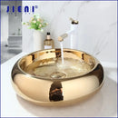 GobekUsa Golden Plated Round Ceramic Luxury Bath Mixer Set with Brass Faucet & Pop Drain