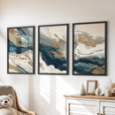 Gold & Blue Brush Strokes. Luxury 3 Piece Abstract Wall Art by Wall Art Set