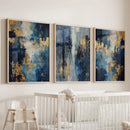 Elegant Navy and Gold Art Set of 3. Contemporary Abstract Prints by Wall Art Set
