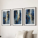 Navy Blue and Gold Triptych. Sparkle Oil Painting Prints by Wall Art Set