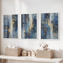 Navy Blue and Gold Triptych. Sparkle Oil Painting Prints by Wall Art Set