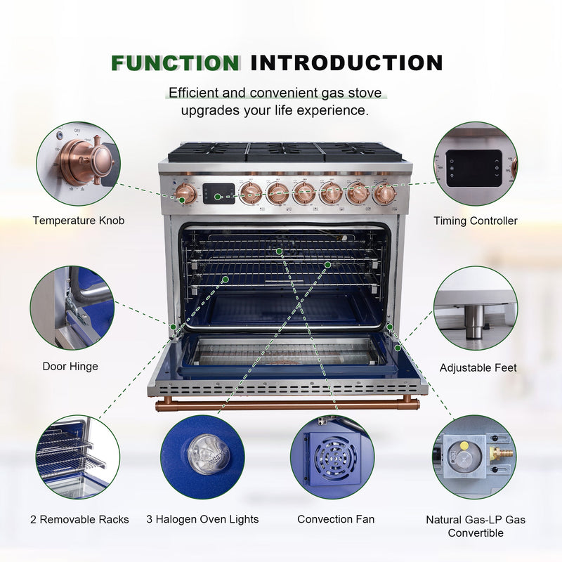 36 Inch Freestanding Custom Gas Range with 6 Sealed Burners Cooktop, Rapid Convection Oven, Natural Gas/LP Convertible - AK-G36N05A-3