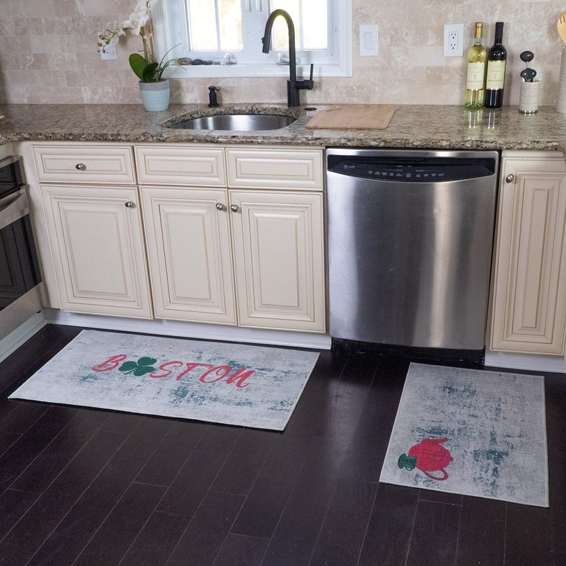 US States Boston Design Non Skid Washable Kitchen Runner Rugs Set of 2| 44 x 24 and 31.5 x 20 Inches Floor Mats |Green