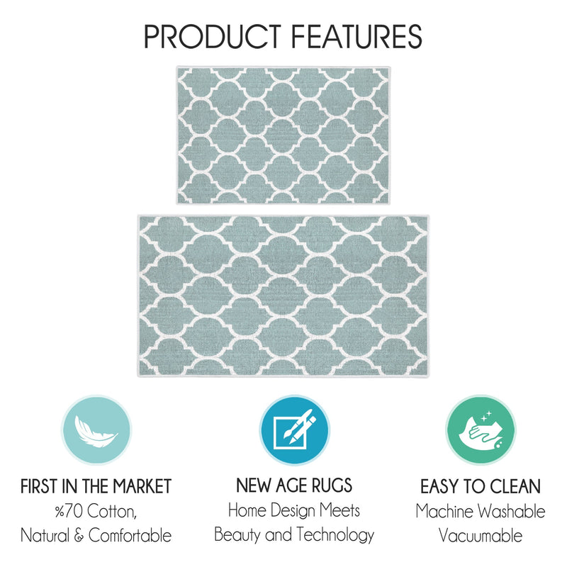 Geometric Design Non Skid Washable Kitchen Runner Rugs Set of 2| 44 x 24 and 31.5 x 20 Inches Floor Mats |Light Teal