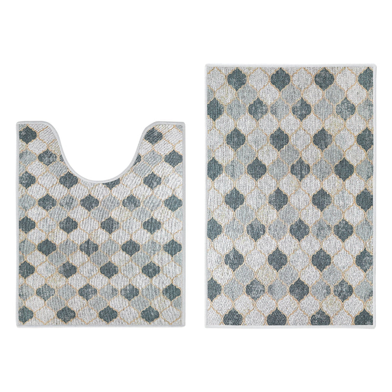Moroccan Design 2 Piece Bathroom Rugs Set | Beige&Gray