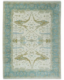 Made to Order Hand Knotted Oriental Oushak Ivory, Aqua and Beige Wool Area Rug