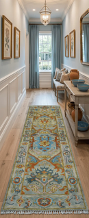 Made to Order Traditional Olive And Blue Hand Knotted Runner Wool Rug by The Rug Decor