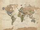 Vintage World Map Canvas Wall Art - Rustic Grunge Texture