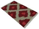 Maroon, Beige and Rust 3x5 Ikat Pattern Hand Woven Soumak Dhurrie Wool Area Rug by The Rug Decor