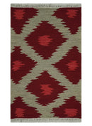 Maroon, Beige and Rust 3x5 Ikat Pattern Hand Woven Soumak Dhurrie Wool Area Rug by The Rug Decor