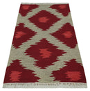Maroon, Beige and Rust 3x5 Ikat Pattern Hand Woven Soumak Dhurrie Wool Area Rug by The Rug Decor