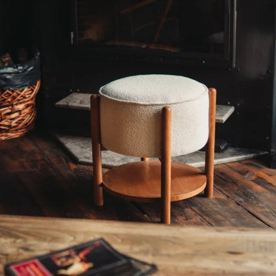 Round Puff with Wooden Base and Shelf