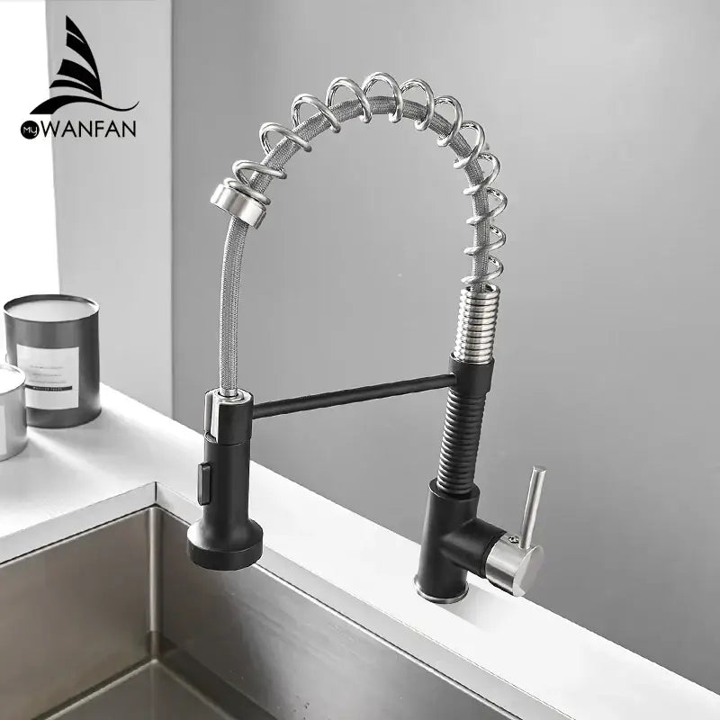 GobekUsa Brush Brass Kitchen Faucet Single Lever Pull Out Spring Spout Mixer Tap, photo 3 of 11
