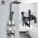 GobekUsa Black Brass Shower Faucet Set Rainfall Bathtub Tap With Bathroom Shelf