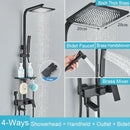GobekUsa Black Brass Shower Faucet Set Rainfall Bathtub Tap With Bathroom Shelf