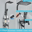 GobekUsa Black Brass Shower Faucet Set Rainfall Bathtub Tap With Bathroom Shelf