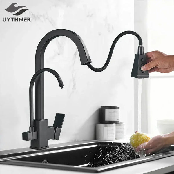 GobekUsa Dual Handle Waterfilter Kitchen Faucet Deck Mounted 360° Rotation Mixer Tap