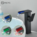 GobekUsa LED Waterfall Basin Faucet: Black Mixer Tap with Light, Deck Mount Kitchen Sink