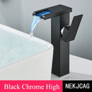 GobekUsa LED Waterfall Basin Faucet: Black Mixer Tap with Light, Deck Mount Kitchen Sink