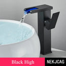 GobekUsa LED Waterfall Basin Faucet: Black Mixer Tap with Light, Deck Mount Kitchen Sink