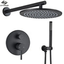 GobekUsa Brass Black Shower Set with Ceiling/Wall Arm, Diverter Mixer, Handheld Spray, 8-16" Rain Head