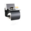 Matte black & silver toilet paper holder with shelf bathroom storage by Decorbites