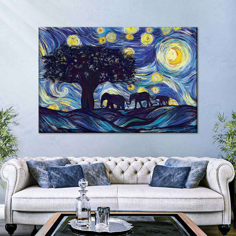 Elephant Family Starry Night Wall Art