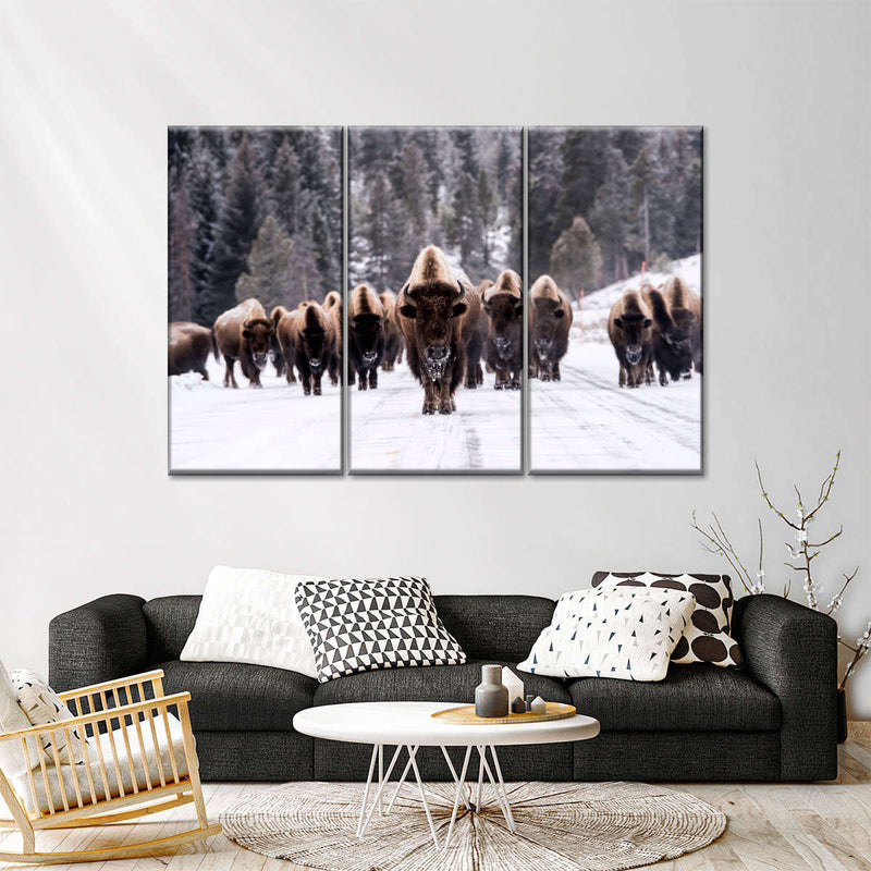 Bison Herd In Winter Wall Art