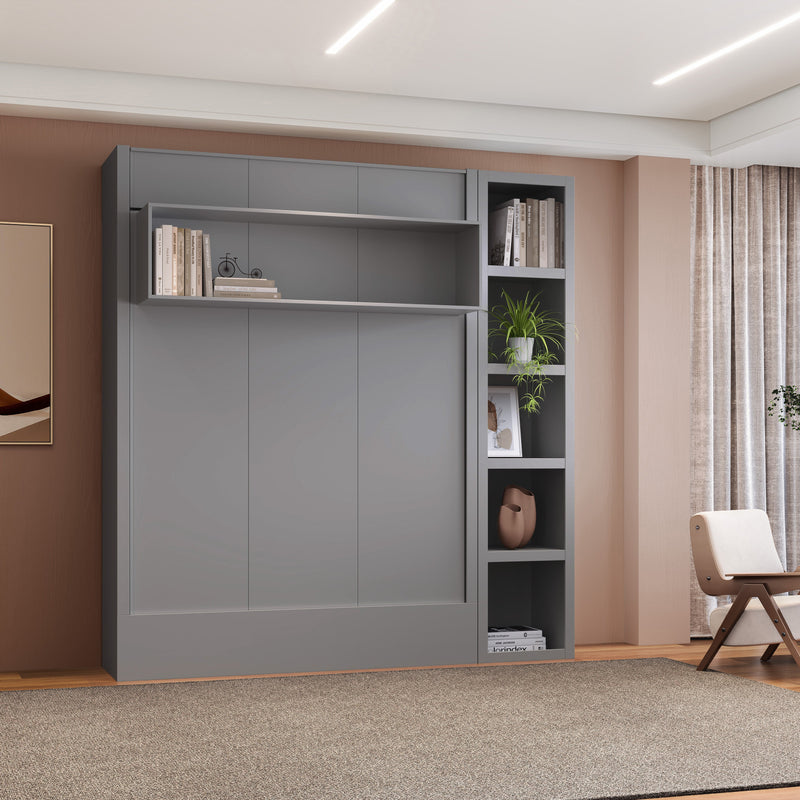 Easy-Lift Full Murphy Wall Bed in Grey with Bookshelf