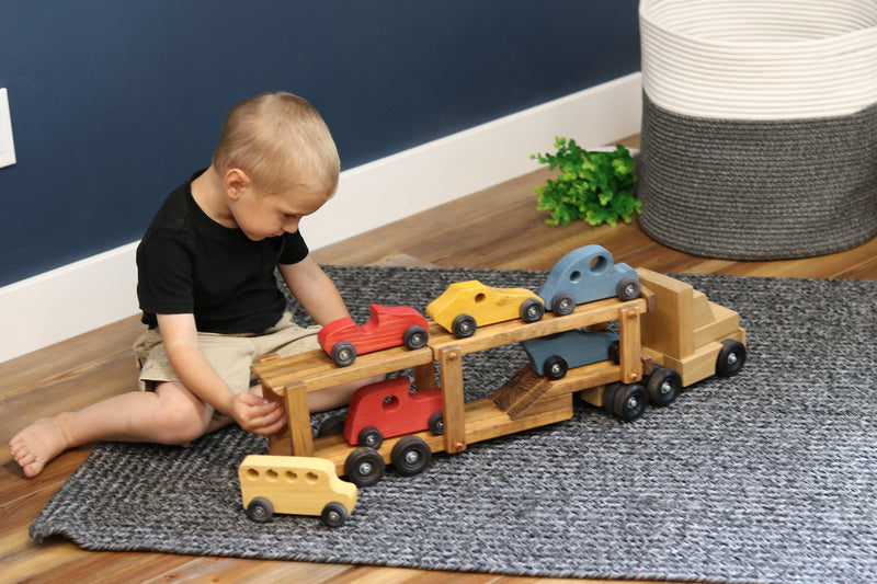 AmishToyBox.com Wooden Car-Carrier Semi Truck and Trailer Toy Set with 6 Cars
