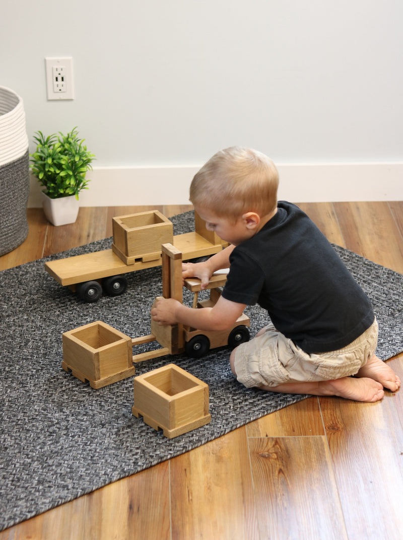 Large Wooden Semi Bin Truck and Trailer Toy Set with Forklift