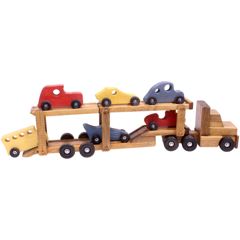 Wooden Car-Transporter Semi Truck and Trailer Toy Set with 6 Cars