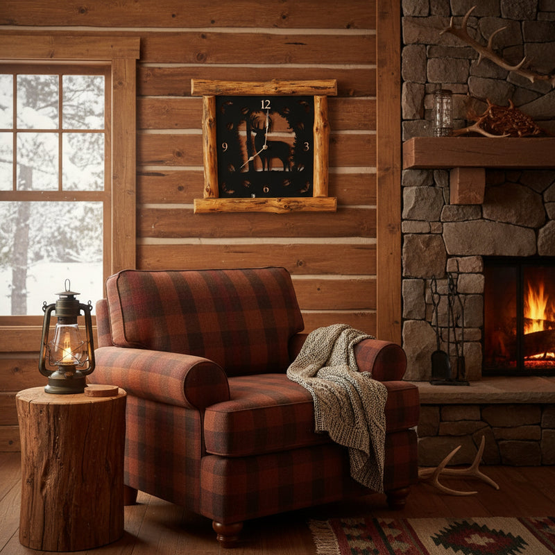 Large Rustic Wall Clock with 16" Analog Display, Pine Log Frame, Metal Wildlife Art Clock Face