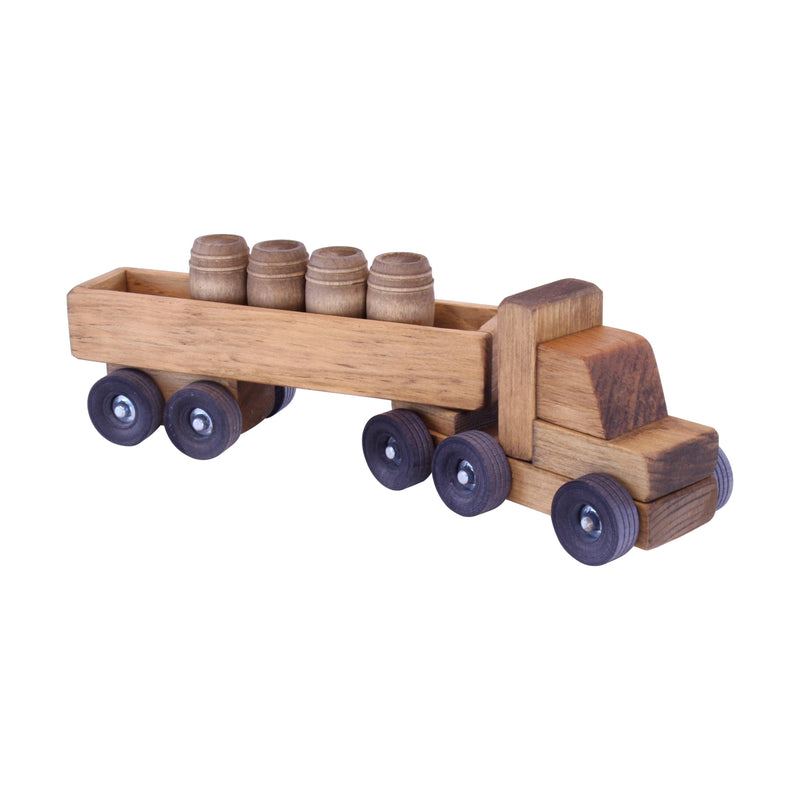 Wooden Barrel Semi Truck Toy, Small, With 4 Wooden Barrels