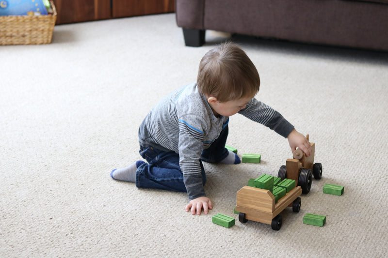 Amish-Made Wooden Toy Tractor and Wagon Set with Hay Bales