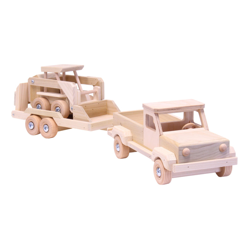 Wooden Toy Pickup Truck and Flatbed Trailer with Skidloader Set