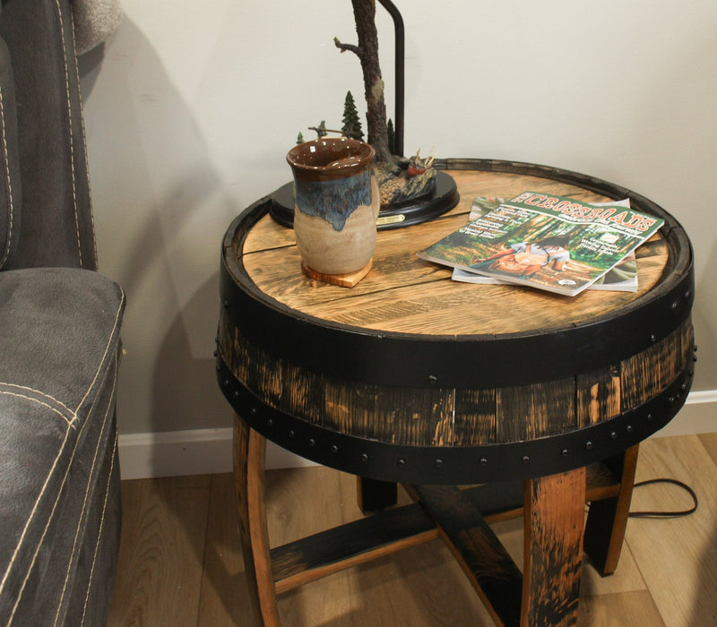 Amish-Made Rustic Barrel-Top End Table, Reclaimed Whiskey Barrel Table with Barrel Rings