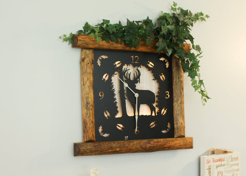 Large Rustic Wall Clock with 16" Analog Display, Pine Log Frame, Metal Wildlife Art Clock Face