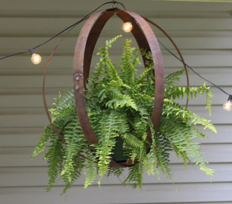 Rustic Hanging Plant Holder, Made with Reclaimed Whiskey Barrel Rings
