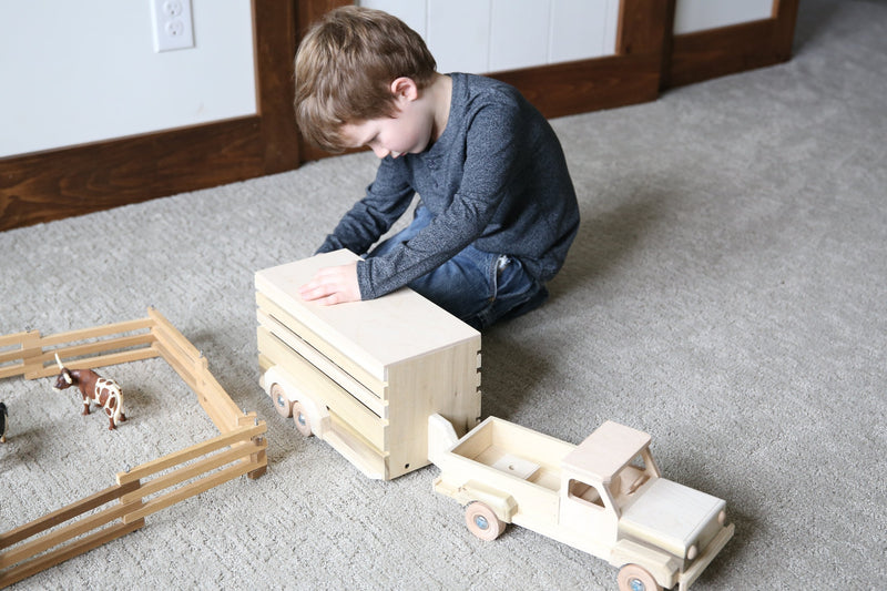 Amish-Made Wooden Pickup & Horse Trailer Toy Set, Unfinished